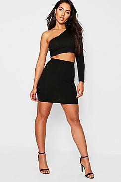 Boohoo Jumbo Rib One Shoulder Crop & Mini Skirt