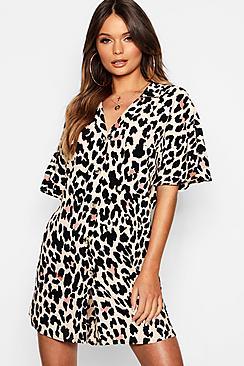 Boohoo Revere Collar Leopard Button Through Shift Dress