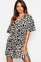 Boohoo Revere Collar Leopard Button Through Shift Dress