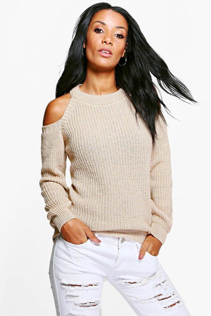 Boohoo Niamh Cold Shoulder Fisherman Jumper Camel