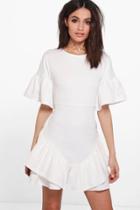 Boohoo Lucy Frill Hem Detail Belted Bodycon Dress Ivory