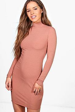 Boohoo Petite Isla Ruffle Neck Rib Dress