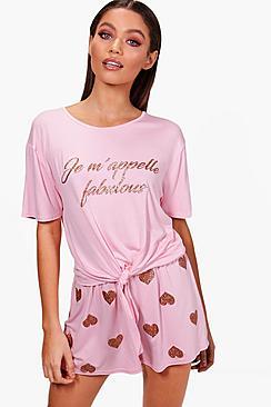 Boohoo Angel Glitter French Slogan Knot Front Short Set
