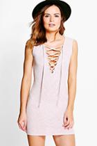 Boohoo Katy Lace Up Front Plunge Mini Dress Stone