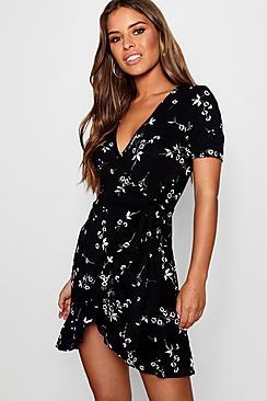 Boohoo Petite Floral Wrap Frill Hem Dress