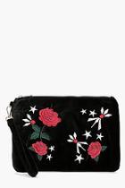 Boohoo Kerry Rose Velvet Embroidered Clutch
