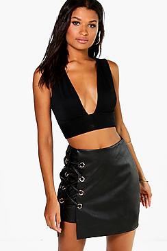 Boohoo Lace Up Side Leather Look Mini Skirt