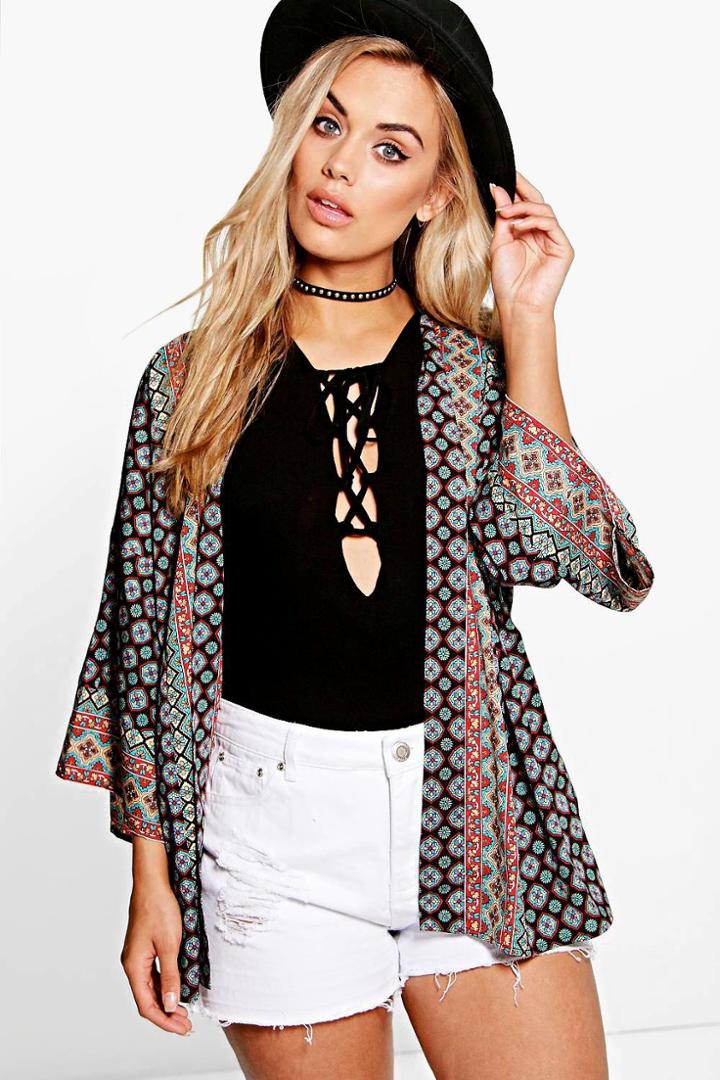 Boohoo Plus Anna Border Print Woven Kimono Multi