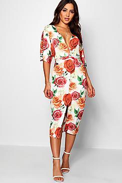 Boohoo Demi Floral Batwing Twist Front Midi Dress