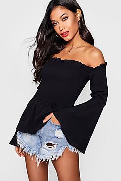 Boohoo Faye Shirred Off The Shoulder Top