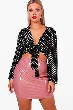 Boohoo Plus Maddie Slinky Polka Dot Wrap Top