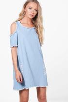 Boohoo Lydia Cold Shoulder Distressed Bodycon Dress Blue
