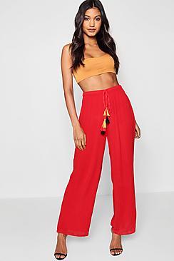 Boohoo Cheesecloth Tie Waist Wide Leg Trouser