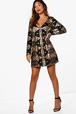 Boohoo Boutique Sophie Aztec Sequin Print Shift Dress