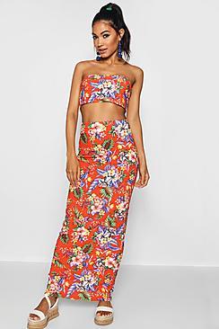 Boohoo Tropical Print Basic Jersey Maxi Skirt