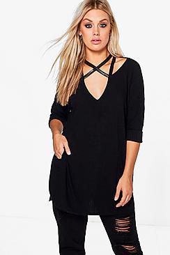 Boohoo Plus Alex Pu Cross Strap Knitted Rib Top