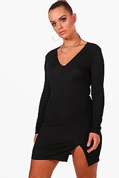 Boohoo Plus Daisy Rib Front Split Bodycon Dress