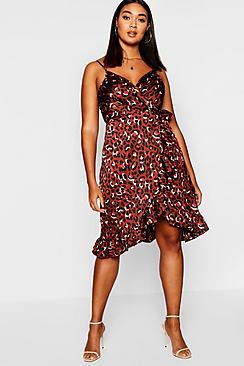 Boohoo Plus Animal Print Wrap Ruffle Dress