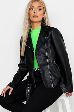 Boohoo Plus Belted Faux Leather Biker Jacket