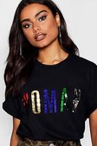 Boohoo Metallic Rainbow Woman Slogan T-shirt