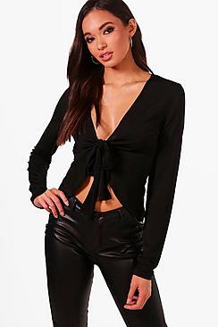 Boohoo Tall Tie Front Ruffle Top