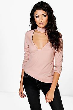 Boohoo Ella Choker Detail Rib Knit Side Split Jumper