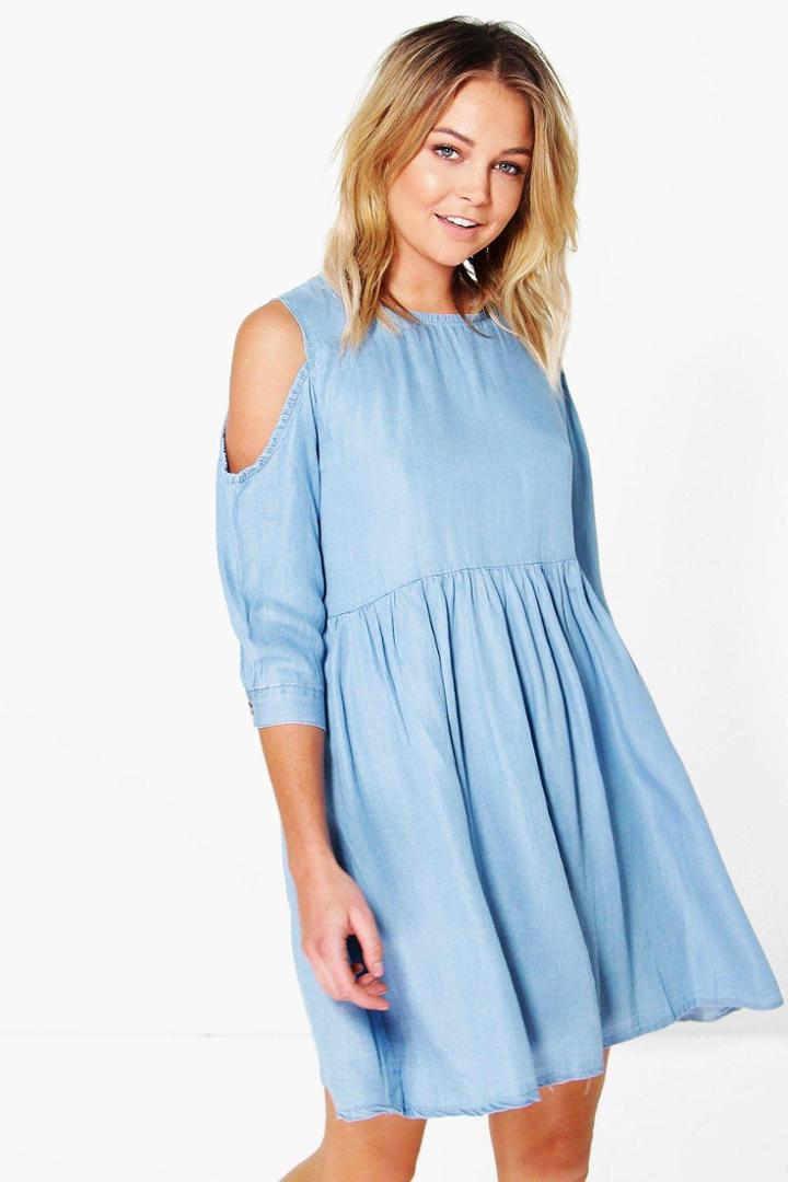 Boohoo Jessie Open Shoulder Denim Smock Dress Blue