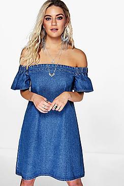 Boohoo Off The Shoulder Denim Dress