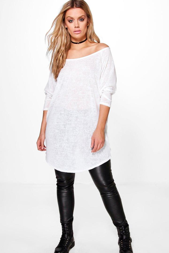 Boohoo Plus Amanda Knitted Off The Shoulder Tee Cream