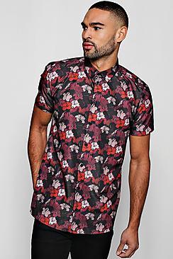 Boohoo Dark Floral Print Short Sleeve Satin Shirt