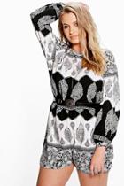Boohoo Plus Paige Mono Print Wide Sleeve Playsuit Multi