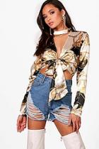 Boohoo Tall Kelly Scarf Print Tie Front Blouse
