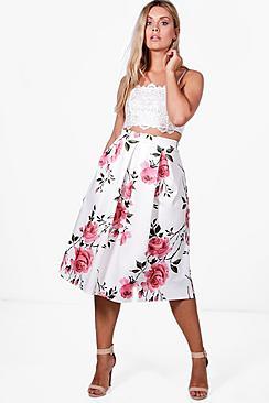 Boohoo Plus Nina Large Floral Box Pleat Skater Skirt