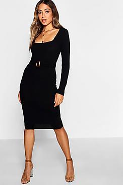 Boohoo Ribbed Belted Midi Dress