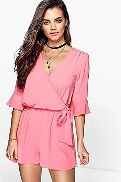 Boohoo Emma Frill Sleeve Wrap Front Playsuit