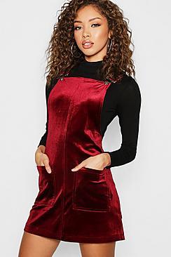 Boohoo Velvet Pocket Front Pinafore