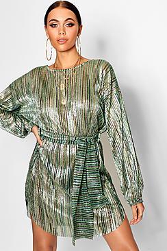 Boohoo Metallic Plisse Blouson Belted Dress