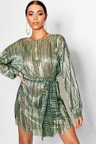 Boohoo Metallic Plisse Blouson Belted Dress