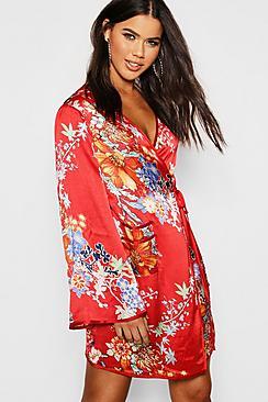 Boohoo Piped Oriental Satin Wrap Mini Dress
