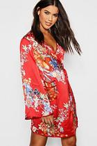 Boohoo Piped Oriental Satin Wrap Mini Dress