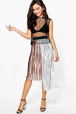 Boohoo Larna Metallic Pleat Step Hem Skirt