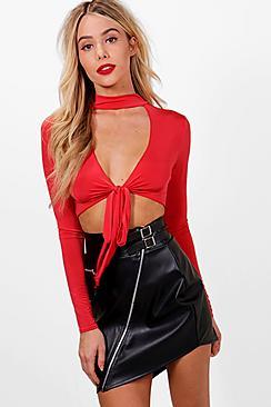 Boohoo Faye Choker Tie Front Crop Top