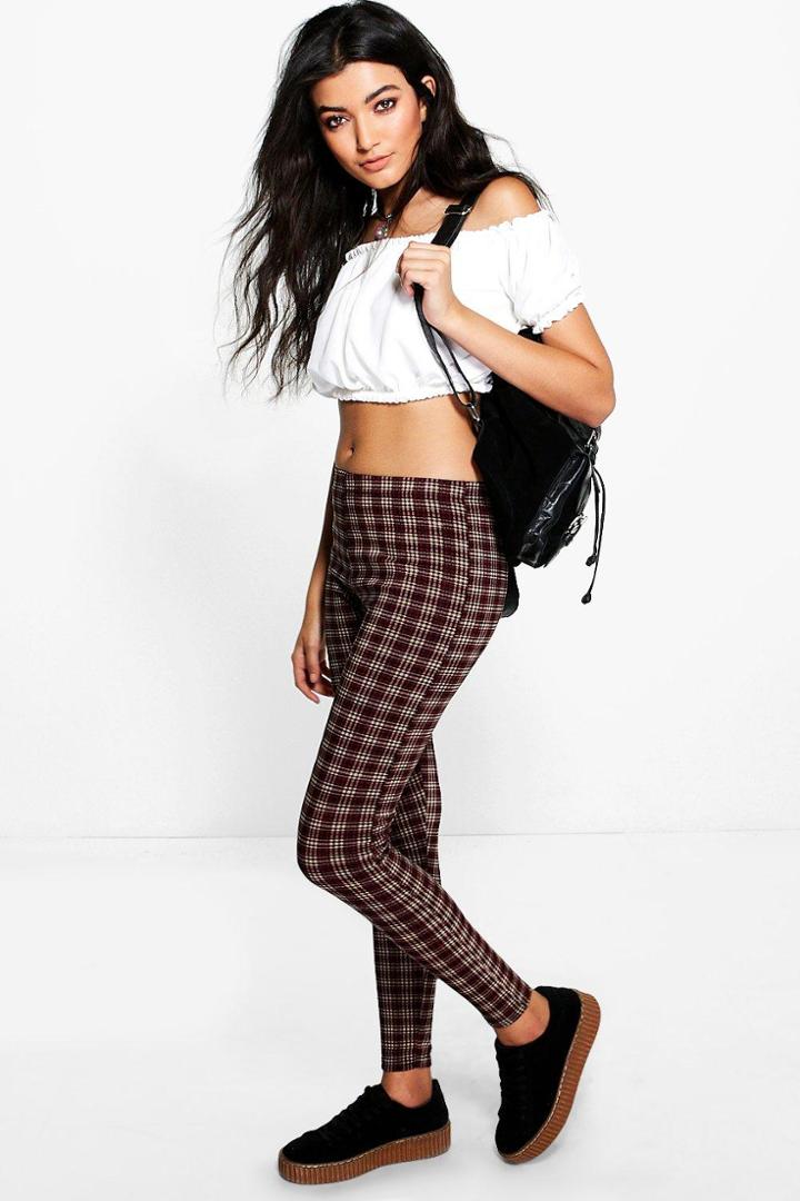 Boohoo Madison Tonal Tartan Check Disco Leggings Red