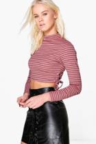 Boohoo Sarah Stripe Neck Lace Up Top Multi