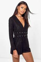 Boohoo Kim Long Sleeve Plunge Neck Suedette Playsuit