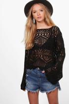 Boohoo Francesca Crochet Bell Sleeve Jumper Black