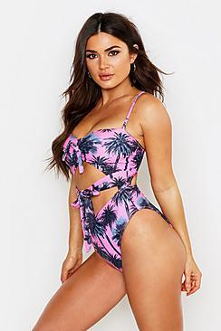 Boohoo Neon Palm Tree Tie Front Swimsuit