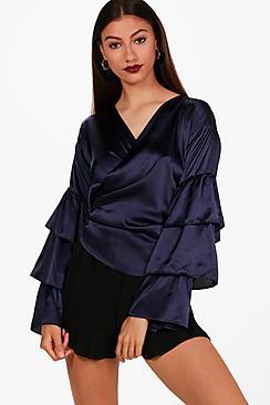 Boohoo Tall Eliza Satin Tiered Sleeve Wrap Shirt