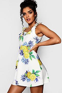 Boohoo Candice Lemon Print Frill Strap Skater Dress