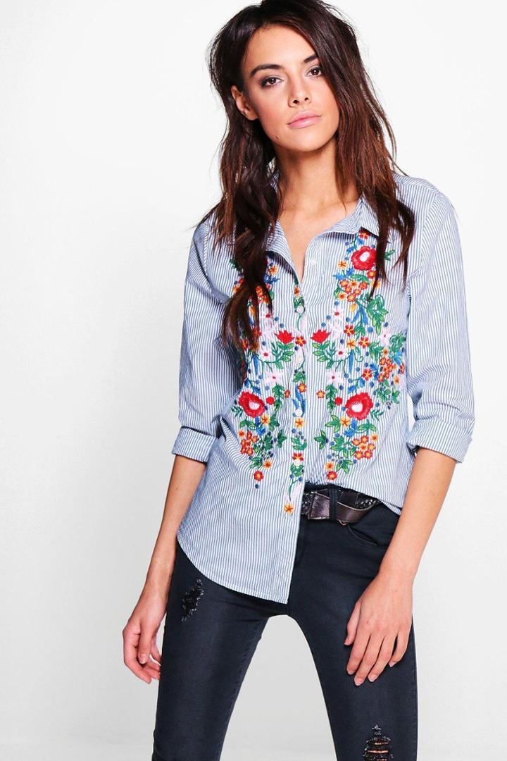 Boohoo Liz Heavy Embroidered Front Stripe Shirt White